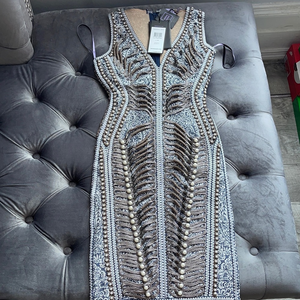 Herve Leger Gray Pearl Beaded Dress